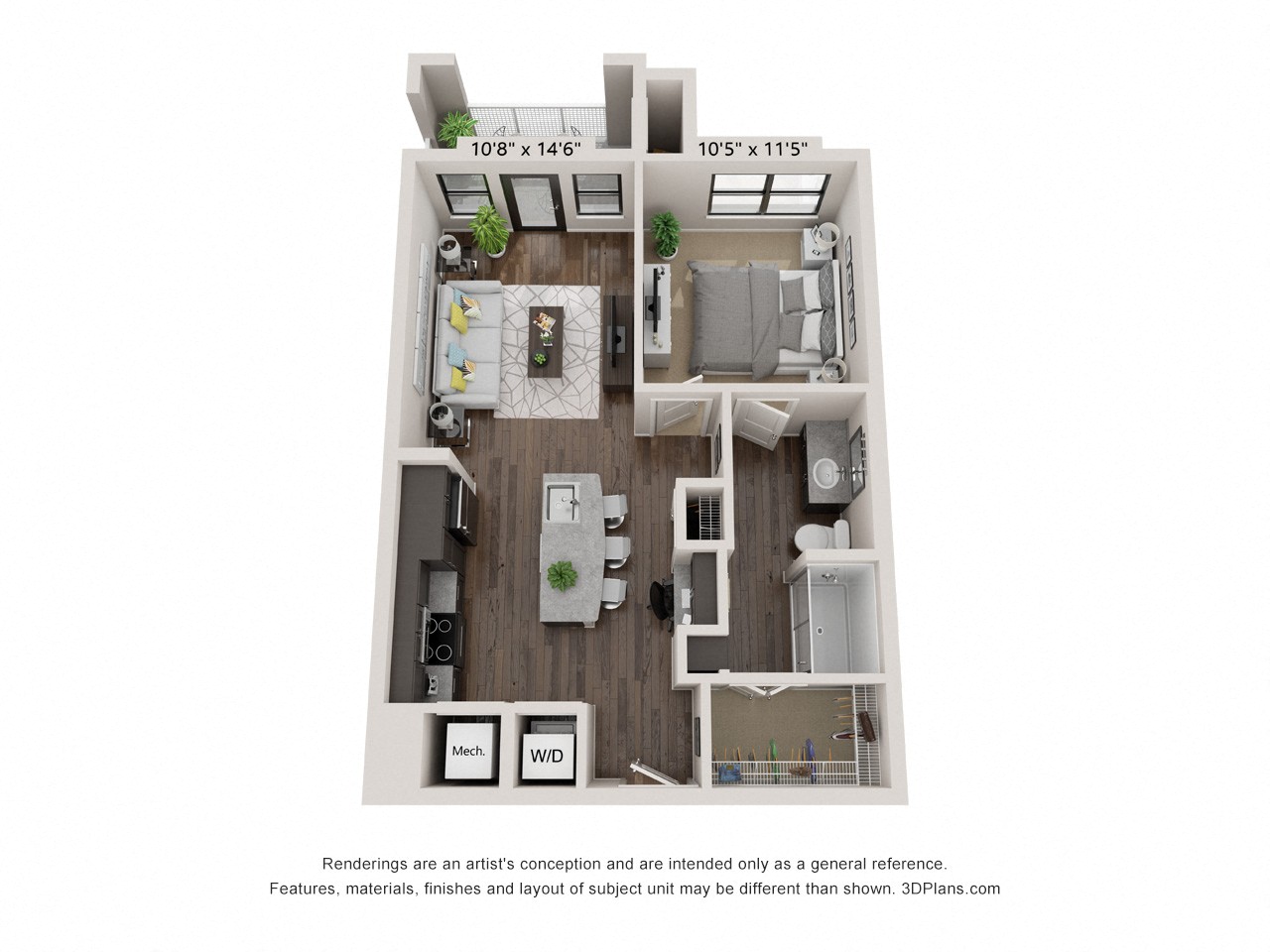 Floor plan for 1 bed, 1 bath, 671 sqft